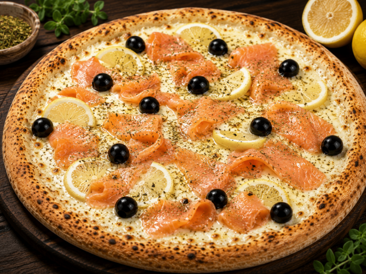 Norvégienne — Crème fraîche, fromage, saumon, citron, origan, olives